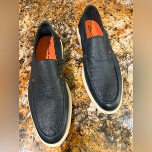 Santoni Black Leather Slip-On Loafers with Cream Soles